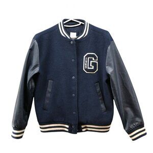 Gap Kids Size L (10-11) Wool Blend Varsity Jacket Navy Blue Faux Leather Sleeves